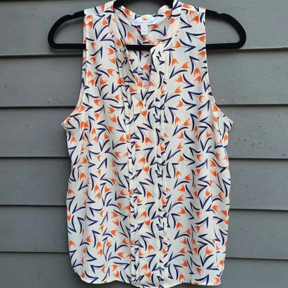41 Hawthorne Orange Black White Floral Print Blouse size Medium